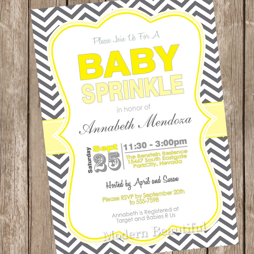 Sprinkle Baby Shower Invitation Yellow and Grey Chevron Printable Personalized Il_170x135