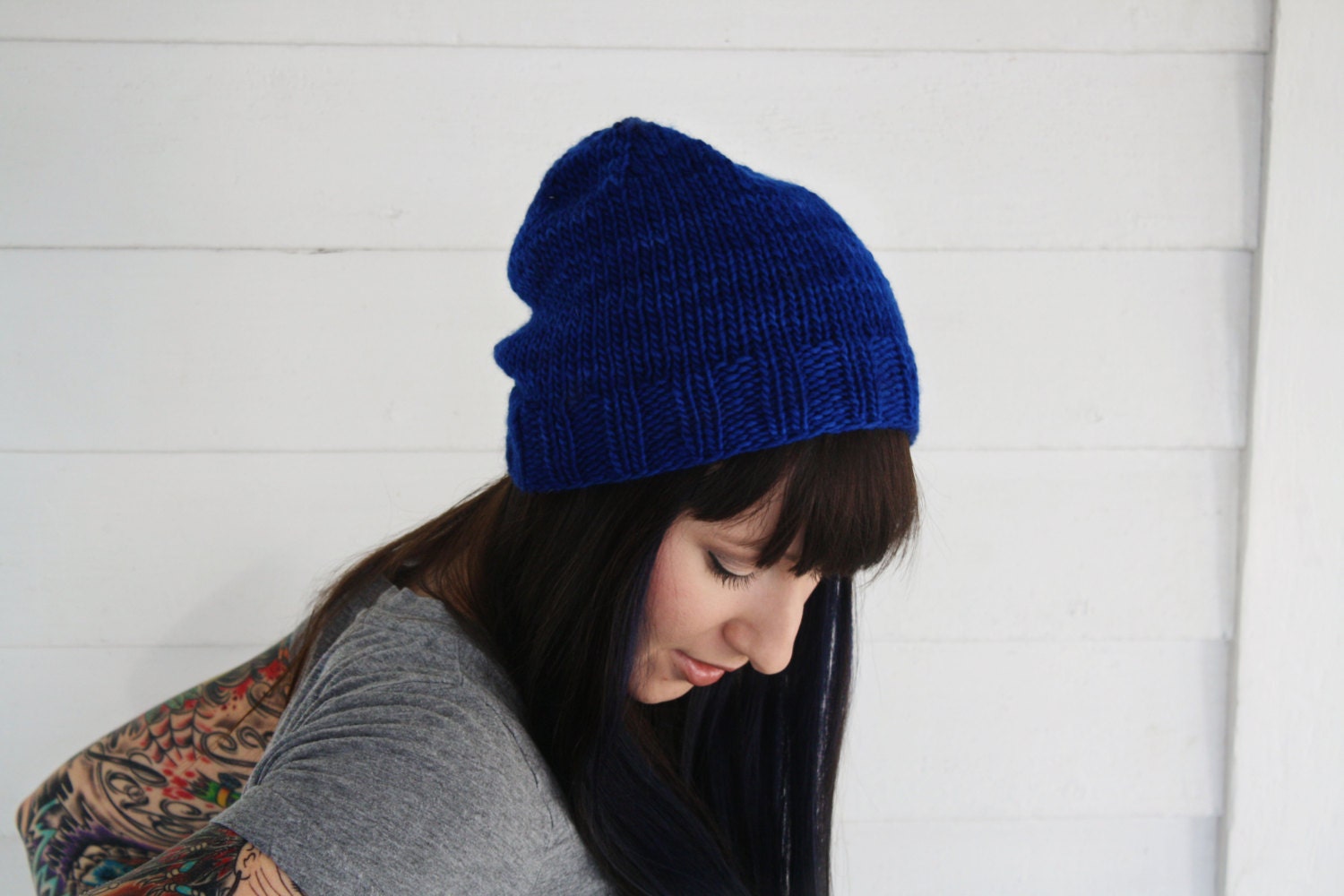 Azul Blue Hand Knit Hipster Snug  Beanie in Merino Wool