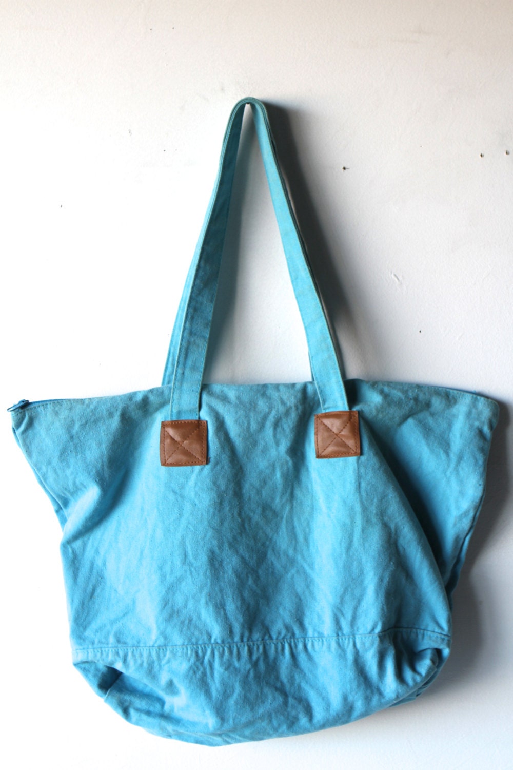 80s BEACH tote BOATING sailing bag blue with LEATHER accents oversize large tote bag