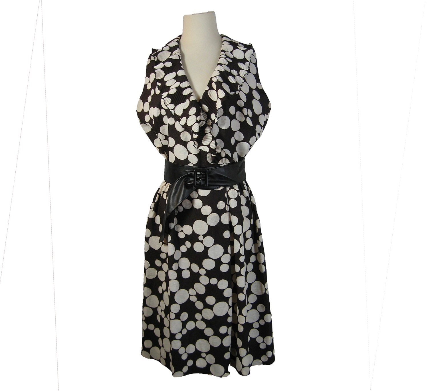 1960s 1970s Faux Wrap Black and White Polka Dot Summer Dress. Vintage R & K Originals.