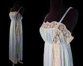 1970s Vintage OLGA Long Pale Blue Nightgown / Lace Trim / Thigh High Split / size 36