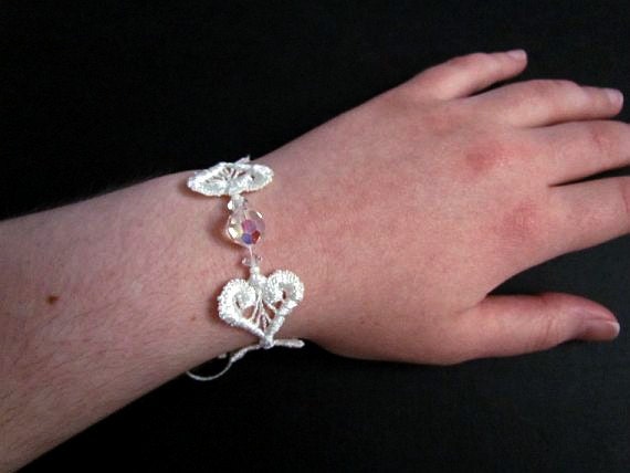 Heart Lace Bracelet with Beads and Satin Ribbon