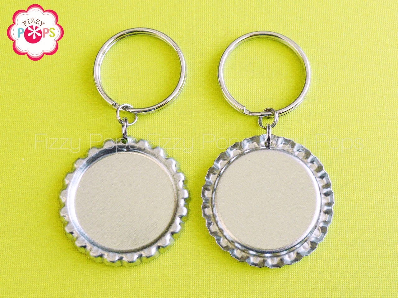 25 Bottle Cap Flat Key Chains Chrome Linerless Blank Crown Caps