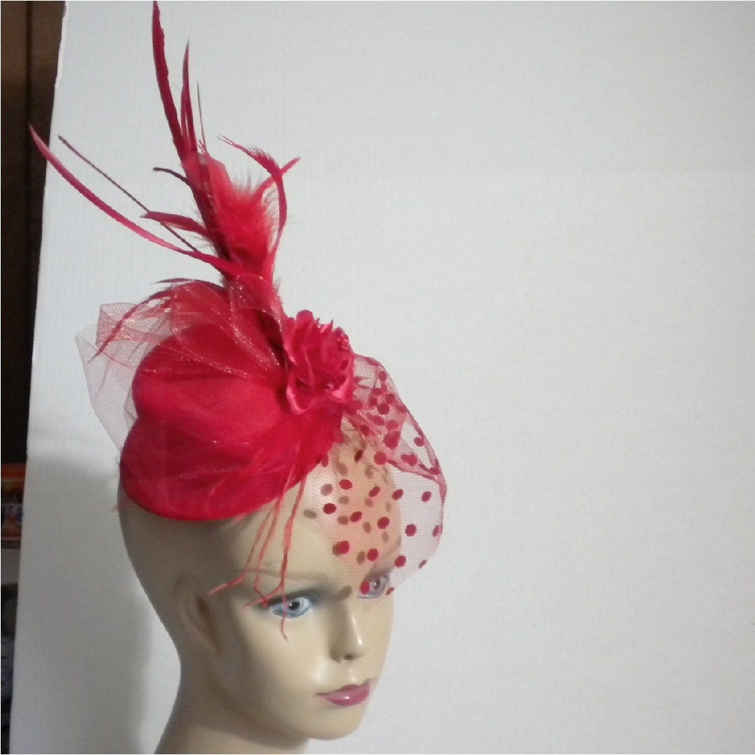 Stand Out in Red Fascinator 5" Top Hat with a Red Bow , Tulle, Feathers, Flower