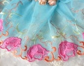 1.36 Yards Tulle Lace Trim Hot Pink Flower Embroidered Cyan Tulle Lace 9.8 Inches Wide