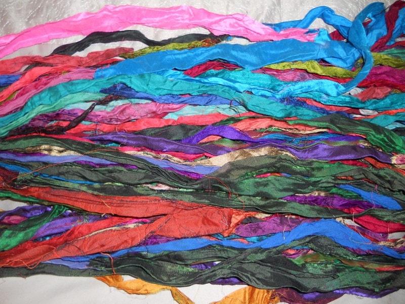 Recycled Sari Silk Ribbon Yarn, 3.5 oz / 100 grams, Multicolor, purple, green, blue, pink, gold, silver, bronze, 55 yards, Upcycled, Bulky