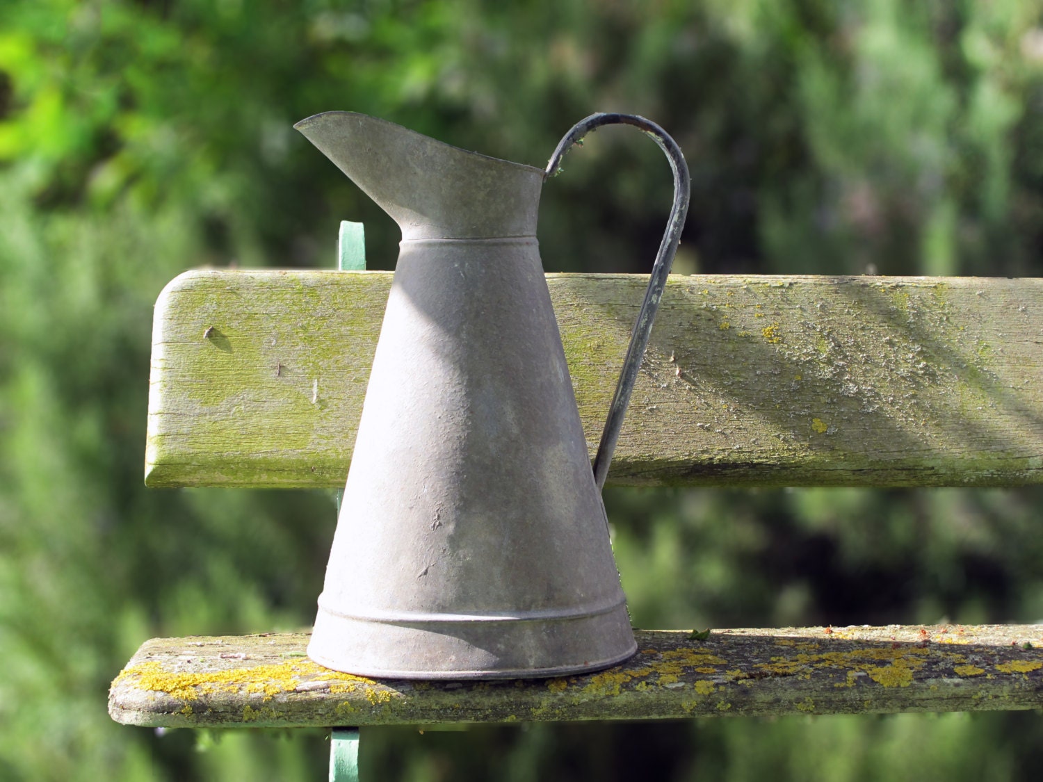 french TALL metal jug, Antique French Zinc Pitcher with Label