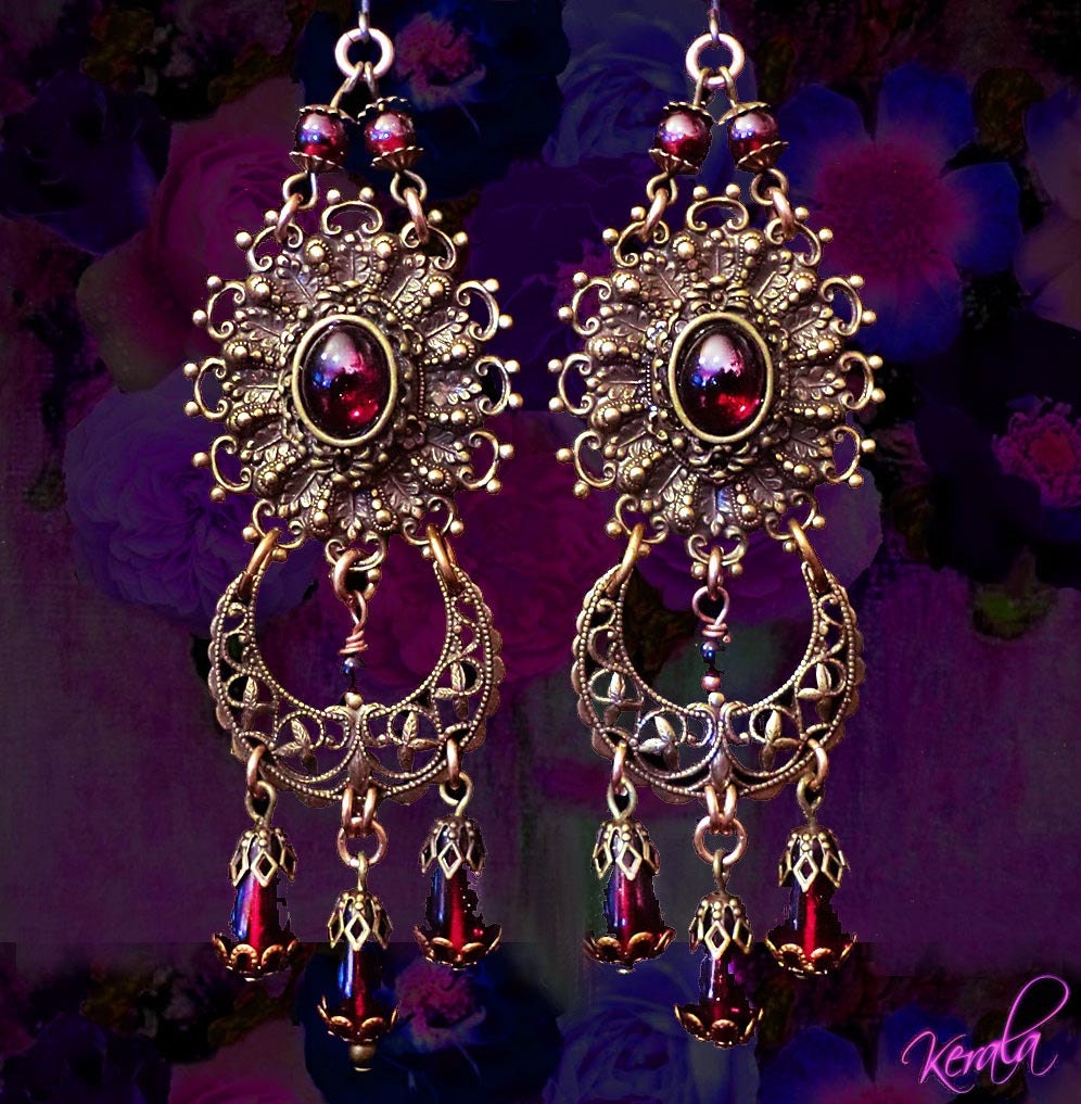Genuine Garnet Medieval Earrings- Renaissance Chandelier Earrings Mystical Moon Chandelier Earrings, Dark Red, Bronze-MTO