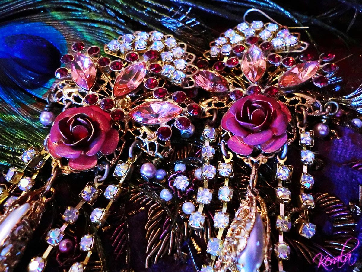 Renaiassance Rose Chandelier Earrings- Victorian Masquerade - Pearls, Red Roses- Swarovski Crystal Earrings- MTO