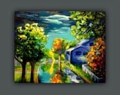 Neighborhood Storm" - Original oil painting (trees, street, home, leaves, fence, sky, night time,