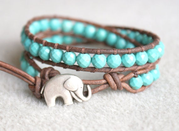 Blue Turquoise Magnesite Boho beaded leather wrap bracelet, double wrap, Good Luck elephant, Chan Luu style, trendy boho shabby cottage chic
