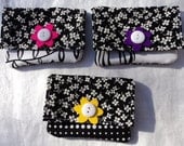 cotton wallet black and white modern with flower and glitter button