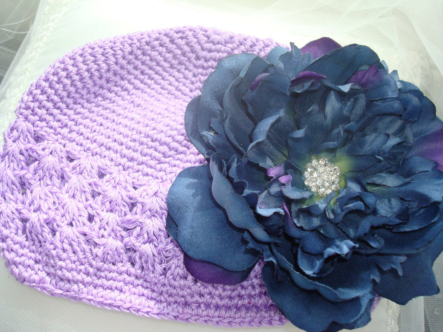 Baby Flower Beanie, Baby Girl Flower Beanie, Childrens Clothing, Baby Beanie, Photo Prop / Navy with Shades of Lavender and Crochet Beanie