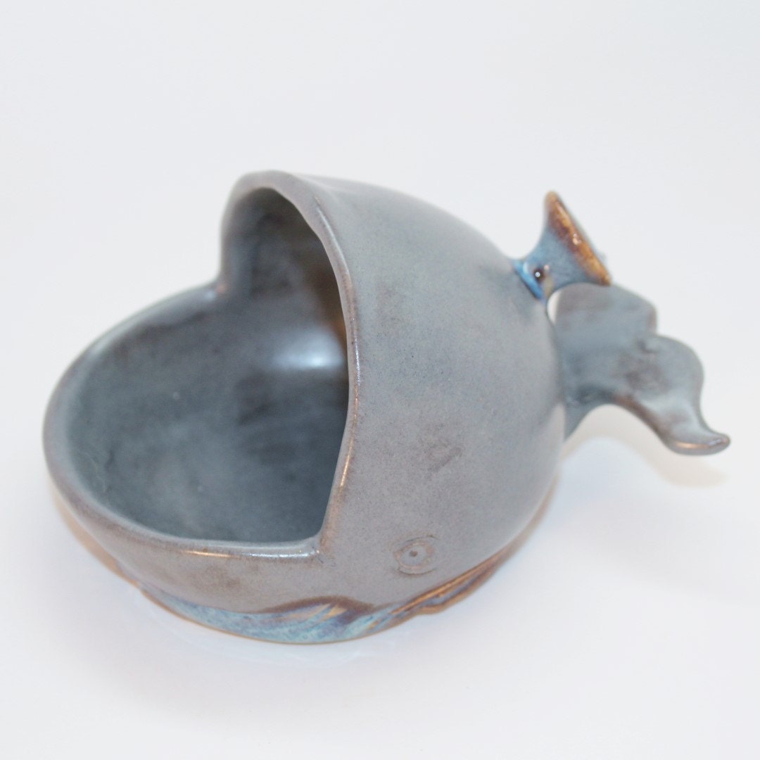 Handmade Stoneware Whale Salt Pig or Salt Cellar in Gray and Tidal Blue