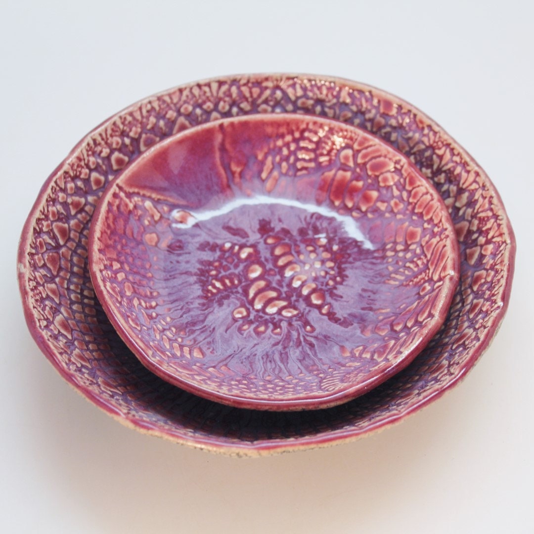 Lace Impressed Stoneware Handmade Nesting Bowls for Serving and Home Decor