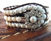 White Pearl Leather Wrap Cuff Bracelet with Winter White Rounds/ Winter Sparkle/ Free Shipping/ Modern Elegant Boho Chic