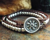 Thai Silver Leather Wrap Bracelet/ Double Wrap/ Magical/ Free Shipping/ Boho Thai Silver Chic