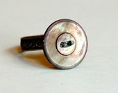 Antique Mother of Pearl Button Ring, soft brown on adjustable band