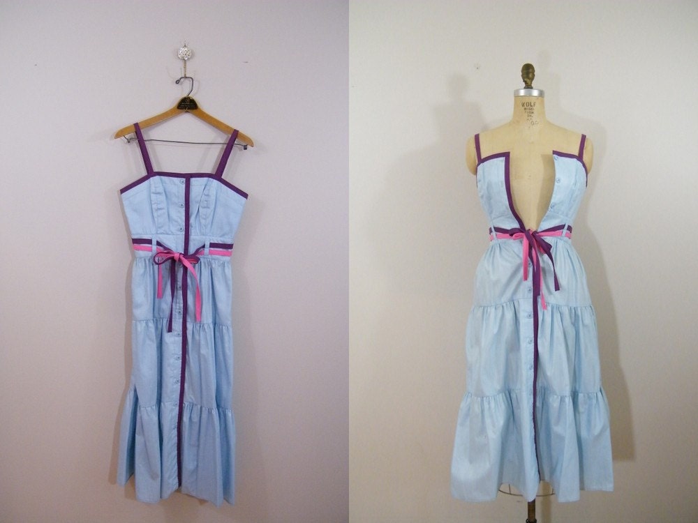 Vintage 1970s Blue Sundress with Purple and Pink Trim / Size 5 / 6