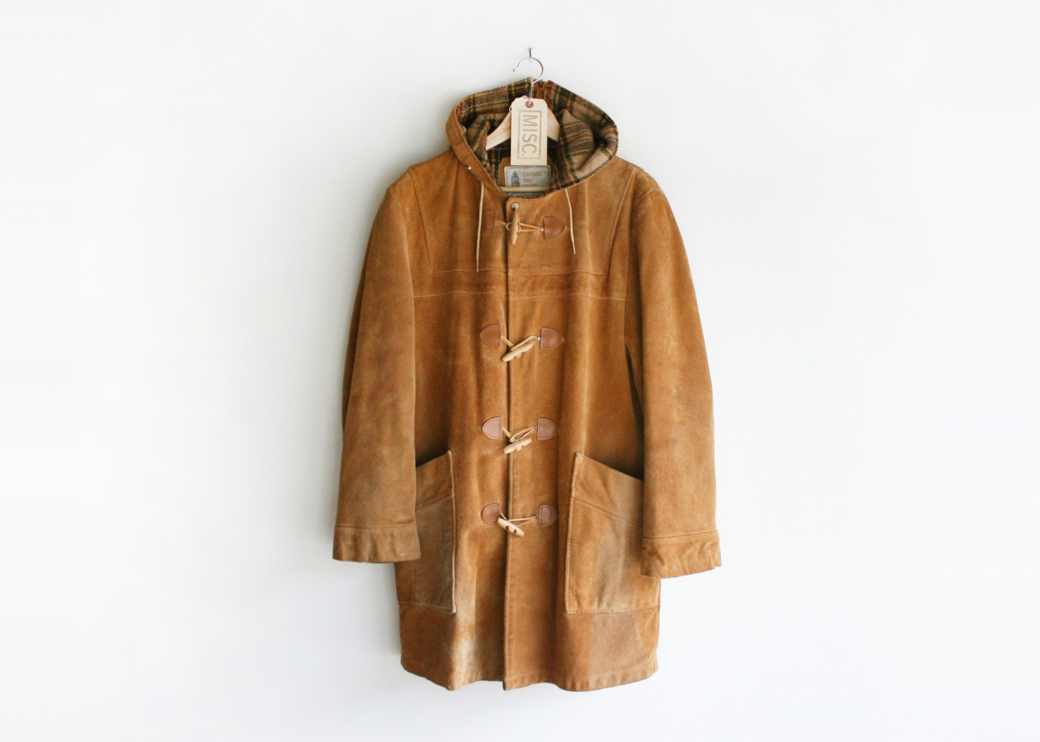 50% OFF SALE - Vintage Genuine Suede Leather Wool Lined Wooden Toggle Tan Winter Coat