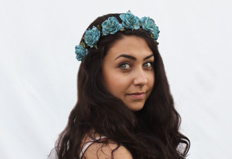 Turquoise Rose Flower Crown - Blue Rose Hair Wreath, Rose Crown, Summer Fashion, Hair Accessory, Bohemian Headband