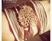 Brown Sugar Hand Dyed Silk Wrap Bracelet With Gold Honey Comb Charm - Yoga Wrap Bracelet - Silk Ribbon Wrap Bracelet