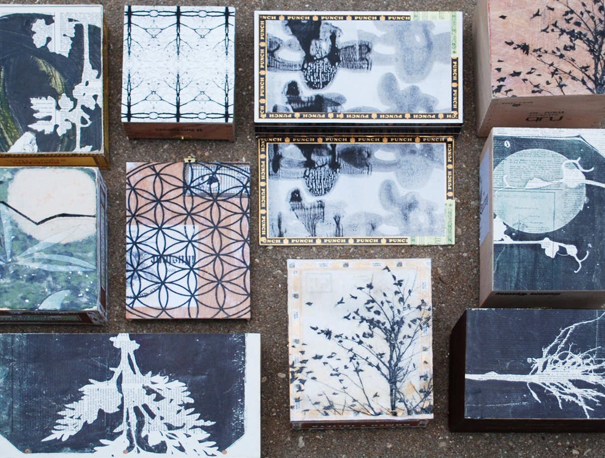Cigar box art installation, ready to hang original art.