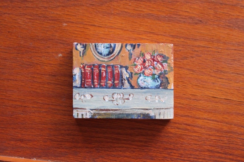 Flowers and Books on a Mantel Interior mini original painting on wood panel 3 x 4 ''