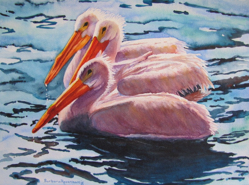 White Pelicans Sea Shore Birds, Wildlife Nature Art Print of Original Watercolor Painting, Blue Water, Barbara Rosenzweig