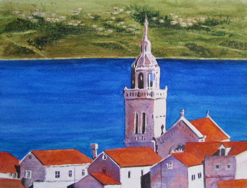 Mediterranean Village, Terra Cotta Roof, Church, Art Print, Etsy, Landscape Reproduction of Original Watercolor Painting, Barbara Rosenzweig