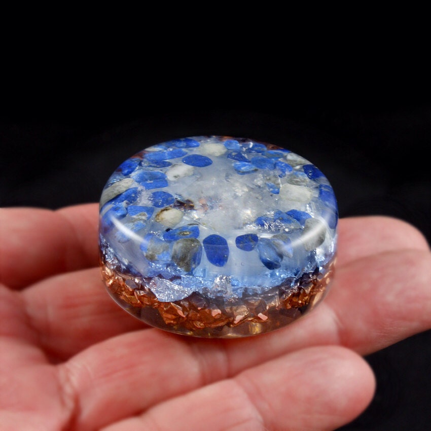 Lapis Lazuli Pocket Orgone Energy Generator. Tibetan Crystal, Rhodizite, Phenacite, Tourmaline, Selenite, Copper & Silver Leaf  (215)