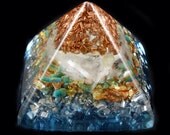 Turquoise Orgone Energy Generator Pyramid with TibetanCrystal, Baltic Amber, Rhodizite, Phenacite, Selenite, Copper Nuggets