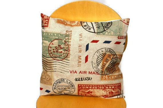 Throw pillow airmail letters postage stamp envelope 18 x 18 blue cream beige red decorative  cushion cover