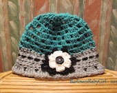 Buggs - Crochet Bucket Hat in Teal and Grey w/ Laced Two Tier Flower and Black Button Accent