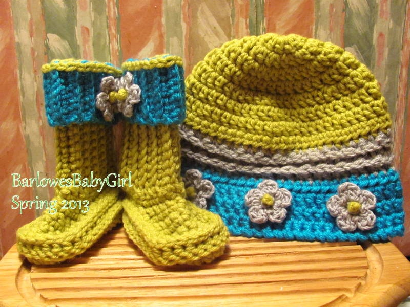 Buggs -  NEW Crochet Girl's Flower Brim Bucket Hat and Coordinating Booties in Turquoise, Chartreuse and Grey