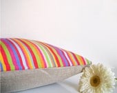 Striped throw pillow - colorful stripes with organic cotton and natural linen, great summer pillow or cottage decor