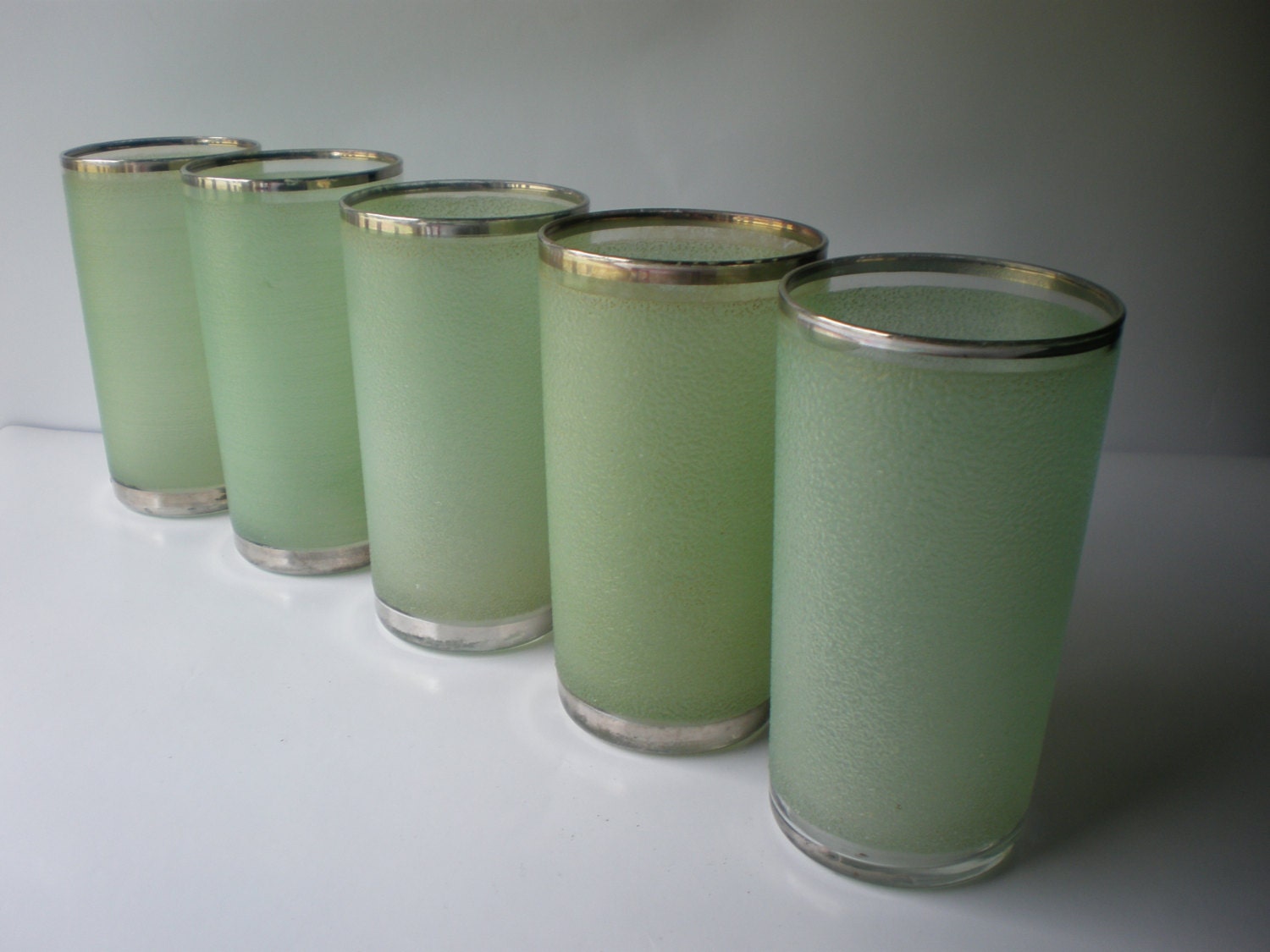 Set of 5 Vintage Green Frosted and Silver Glass Tumblers