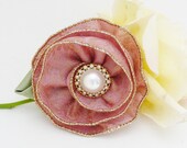 Hair Accessories for Women, Vintage Flower Clip, Salmon Pink, Metallic Gold Ribbon Rose, Pearl, Crystal Jewelry Center