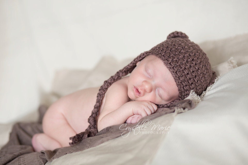Bear Earflap Hat Organic Cotton Photo Prop - Newborn Baby 0-3 3-6 months (Made to Order)