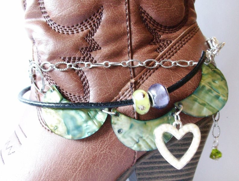 Shabby Chic and girly BOOT JEWELRY for wearing as dressy formal wear for your boots with green shell beads and antique silver