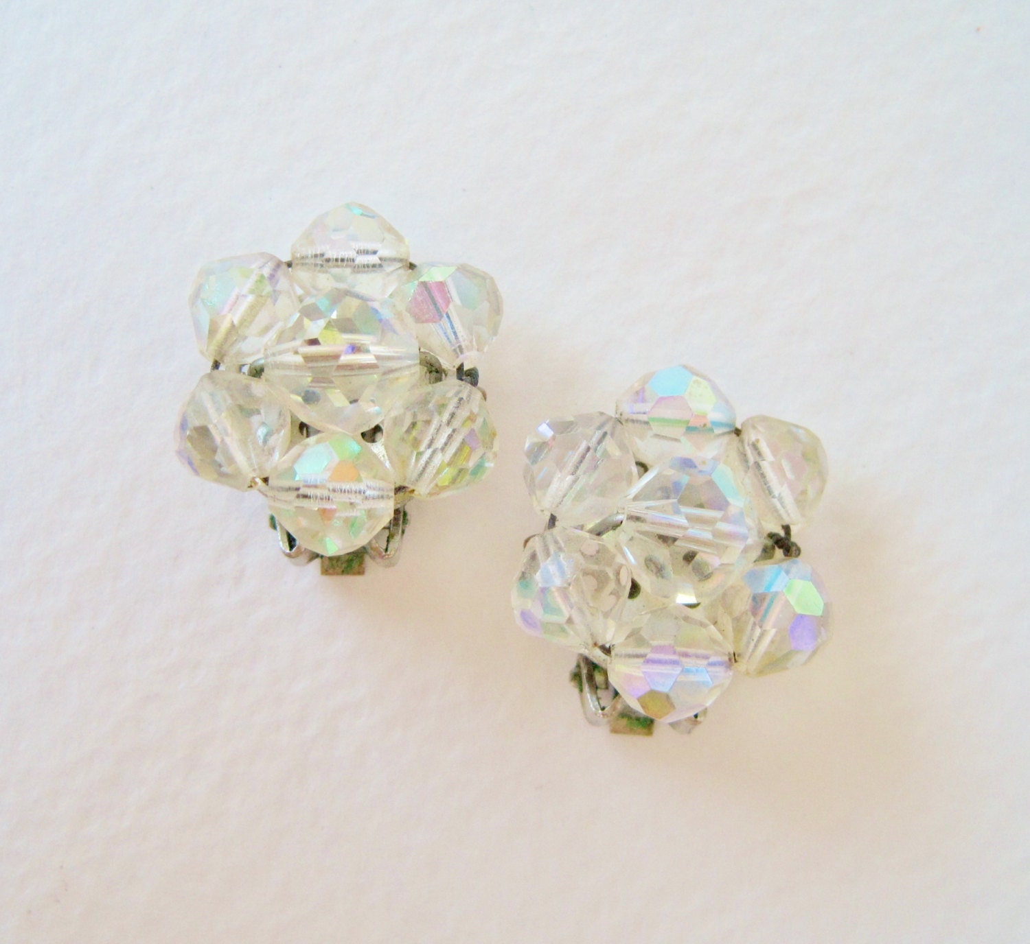 Vintage 50s Mid Century Hollywood Regency Wedding Bridal Clear Aurora Borealis Faceted Glass Bead Beaded Cluster Earrings