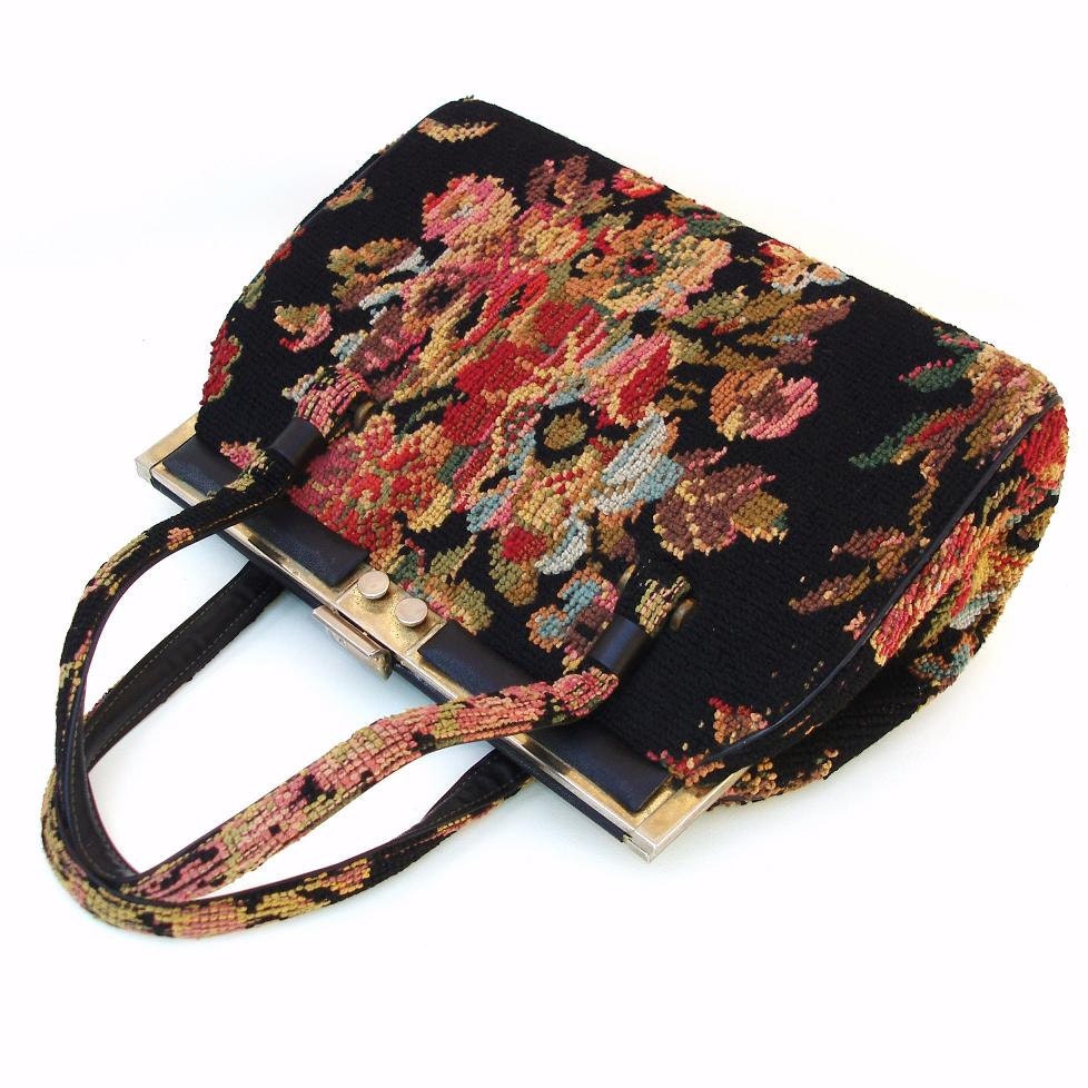 Tapestry Handbag 1960s Purses Boho Chic Black Floral Vintage Bag Red Yellow Turquoise