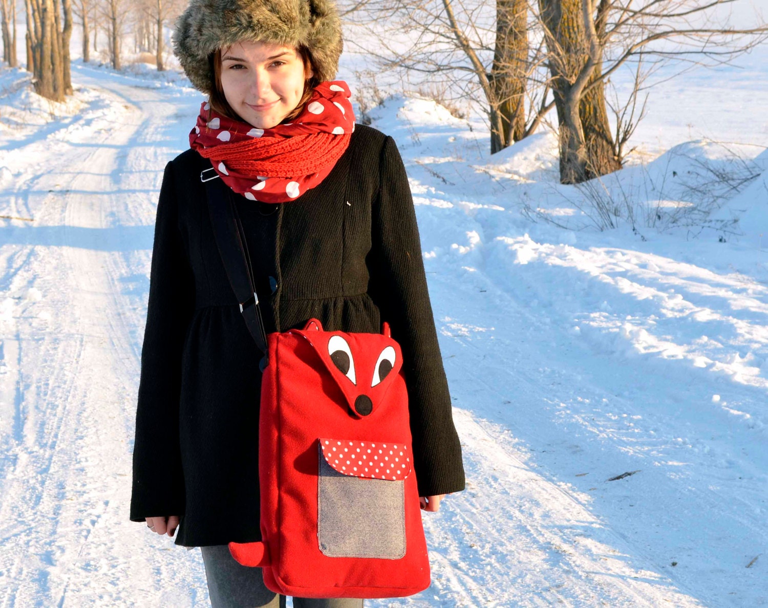 Red Fox laptop case / messenger bag- soft dark red fabric and polka dots-13, 14, 15 inch - made to order