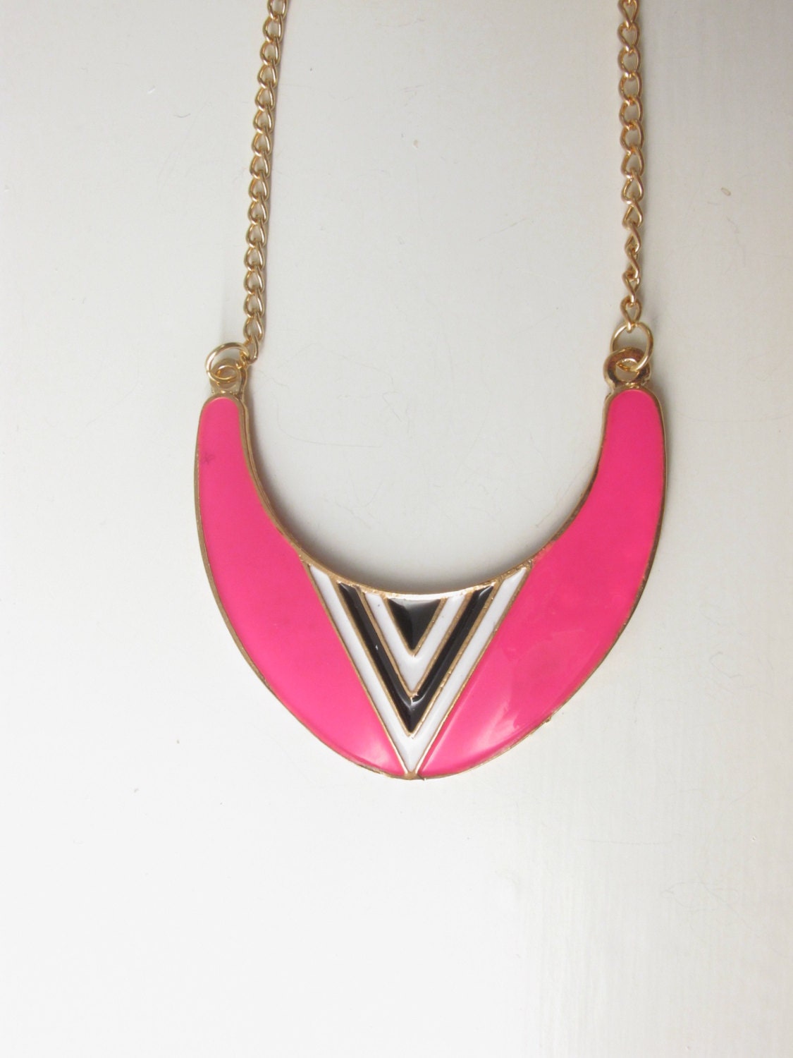 Shocking Pink Crescent Tribal Necklace: N00016//Black//White//Triangle//New Moon//Wild Lady, Everyday Jewelry