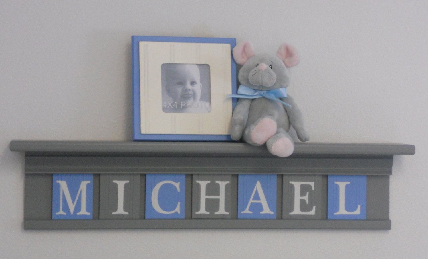 Personalized BLUE and GRAY Baby Nursery Wall Decor 30" Grey Shelf - Sign with 7 Wood Letters Custom for  MICHAEL