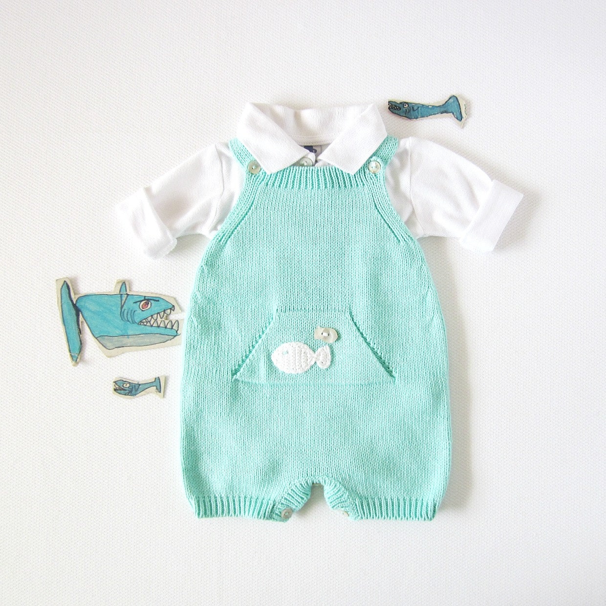 Knitted overalls in turquoise with pocket and fishes. Baby boy. 100% cotton. READY TO SHIP size 1-3 months