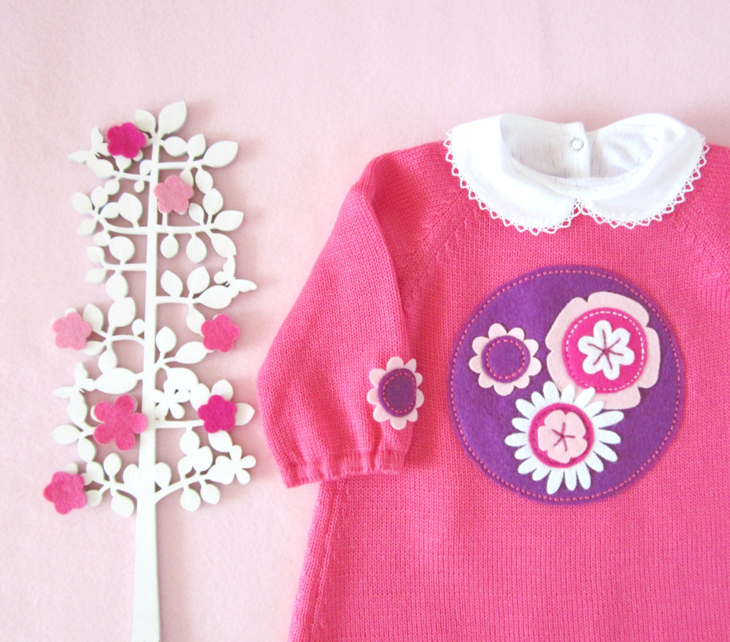 Knitted baby dress with felt flowers. Pink. 100% wool. READY TO SHIP size 3/6 months.