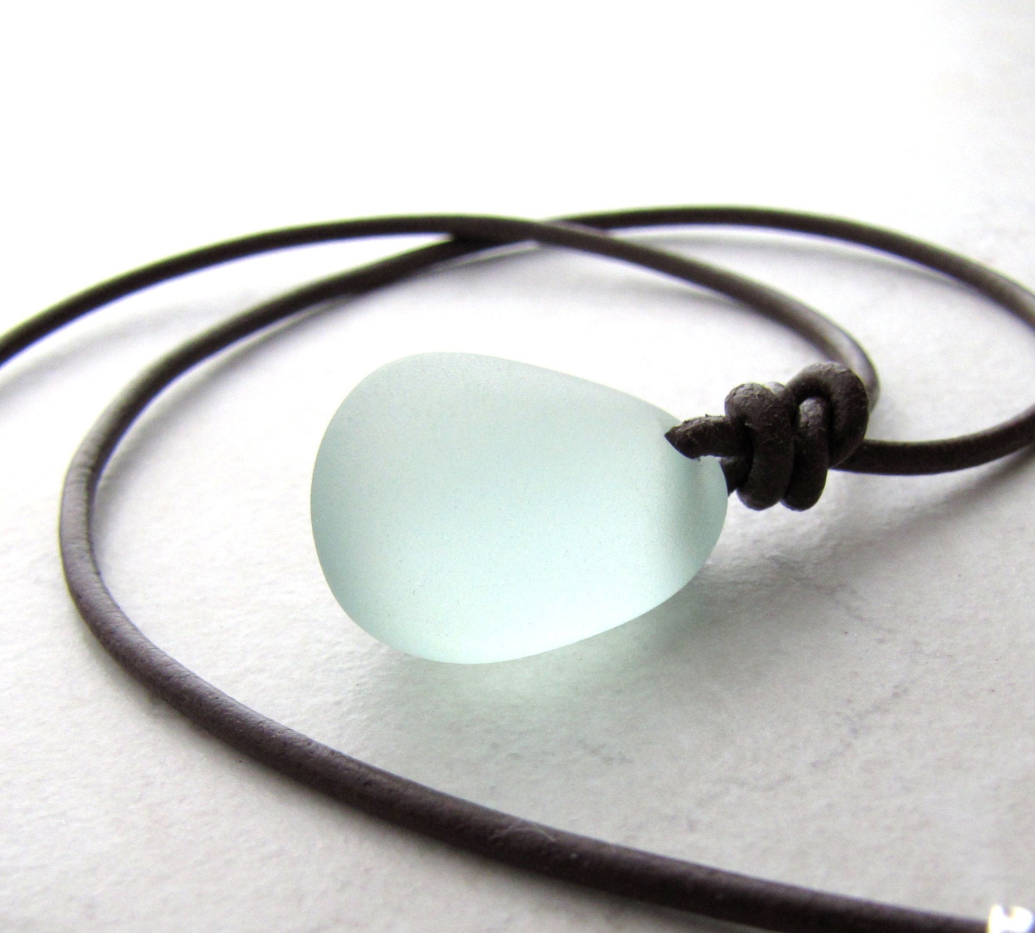 Leather Sea Glass Necklace Seaglass Aqua Turquoise Carribean Leather AdjustableNecklace Recycled Eco BellinaCreations