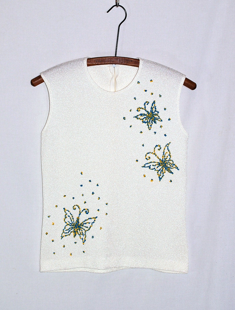 Vintage 60's Sleeveless White Butterfly Top Shirt Beaded