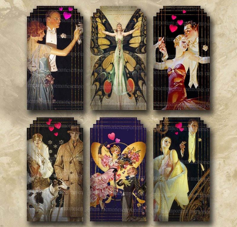 Art Deco Valentine Lovers Decoupage Hang Gift Tags dyi Romance Couples Digital Collage Sheet Instant Download 062